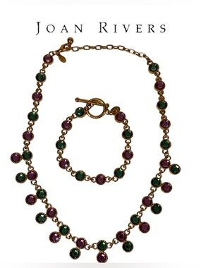 VINTAGE JOAN RIVERS NECKLACE & BRACELET SET GOLD TONE GREEN PINK